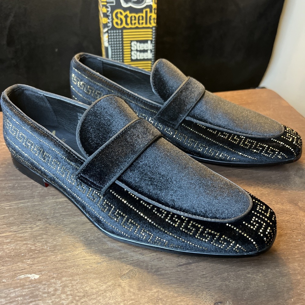 AM Exclusive Vincent Black And Gold Greek Key Venetian Loafer Size 9.5